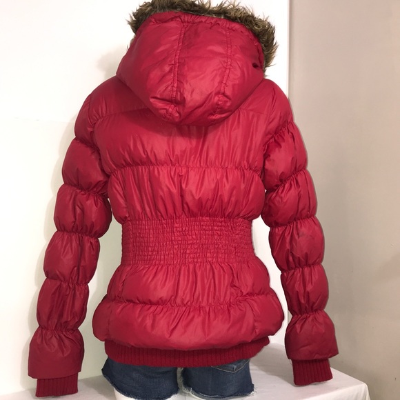 Bebe Cherry Red Bomber Puffer Gold Belted Jacket - Picture 6 of 15